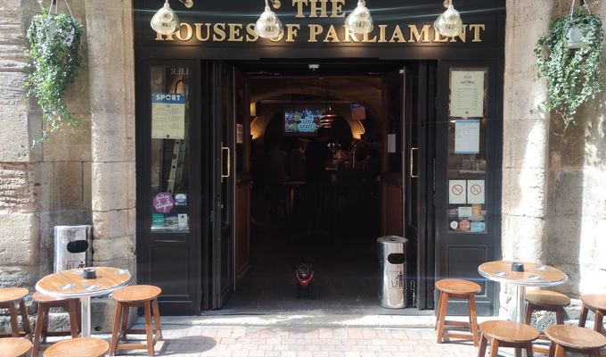 Front view of Houses of Parliament English pub in Bordeaux, France
